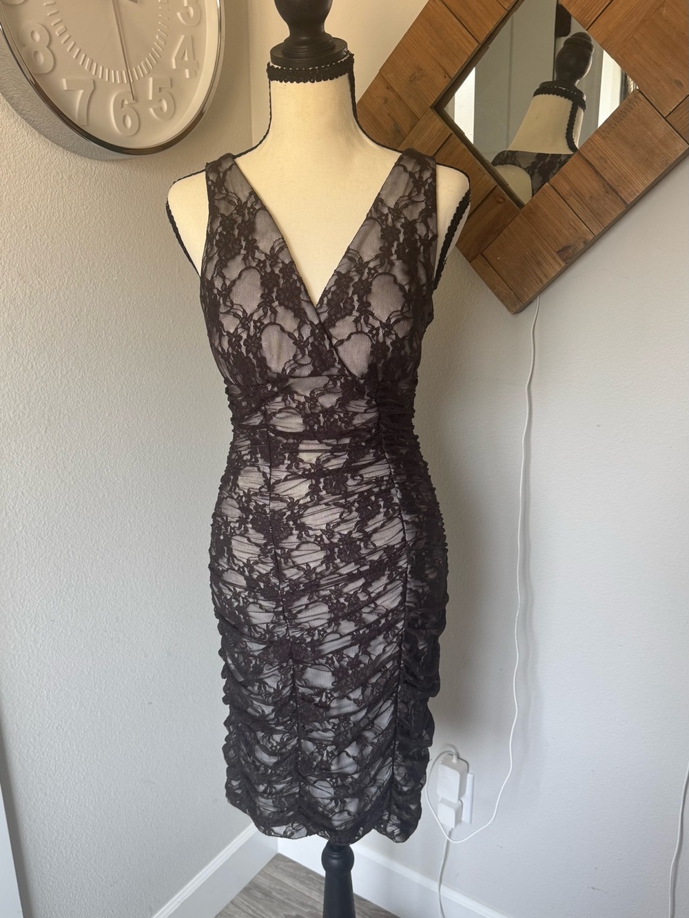 Studio Y Black/ Deep Brown Lace Ruched Bodycon Dress Nude Lining Y2K